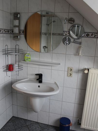 Een kleine badkamer met een wastafel, een spiegel en een handdoekhouder. De wanden zijn betegeld, en er is een verwarming evenals enkele planken.