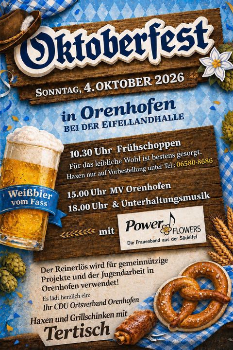 Ein Plakat für das Oktoberfest, das am 4. Oktober 2026 in Orenhofen stattfindet. Es enthält Informationen zu Veranstaltungen, Uhrzeiten und Angeboten wie Bier und Brezeln.