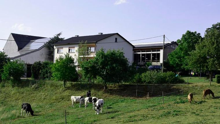 Une ferme entourée de verdure et d'arbres. Au premier plan, quelques vaches paissent dans le pré.