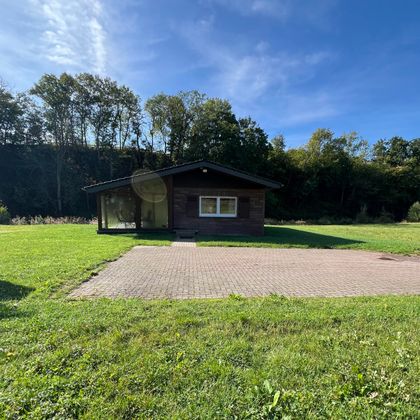 Ein gemütliches Holzhaus umgeben von grünem Gras und Bäumen. Der Himmel ist klar und blau.