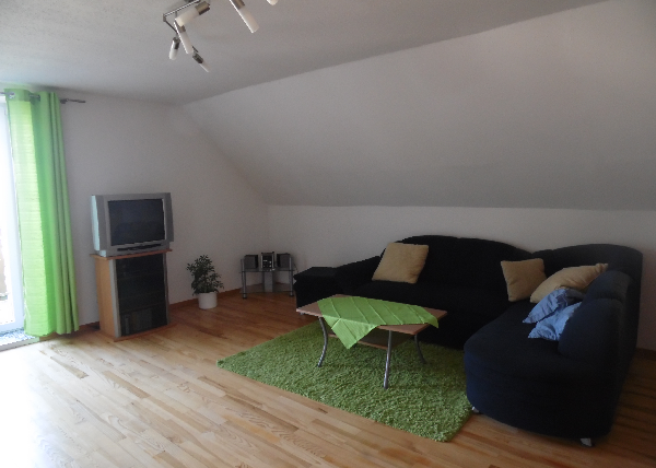 Een gezellige woonkamer met een donkerblauwe bank en een kleine tafel. Een televisie staat in de hoek, en groene gordijnen laten veel licht binnen.