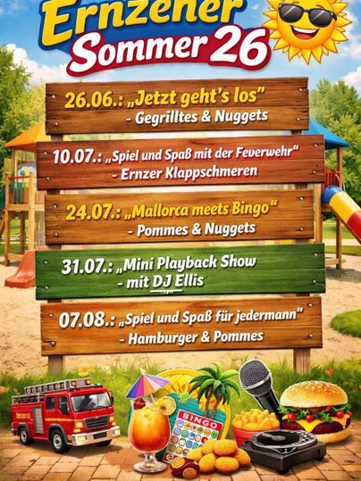 Ein informatives Plakat über den Ernzener Sommer 2025 mit verschiedenen Veranstaltungen und Aktivitäten. Die Veranstaltungen finden an festgelegten Tagen auf dem Spielplatz statt.