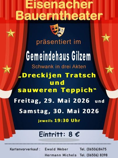 Ein Plakat für das Eisenacher Bauerntheater, das eine Veranstaltung im Gemeindehaus Gilzem ankündigt. Die Aufführung „Eisenach sucht den Superstar“ findet am 26. und 27. Mai 2023 statt.