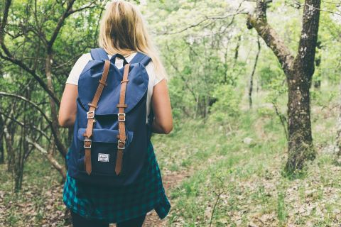 Eine Person mit einem Rucksack wandert auf einem Waldweg. Die Umgebung ist grün und naturbelassen.