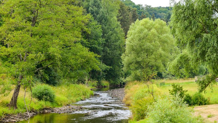 A small river flows through a green, wooded landscape.