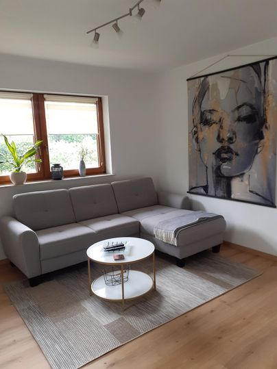 Un salon aménagé de façon moderne avec un canapé gris et une table ronde. Un tableau avec un portrait est accroché au mur.