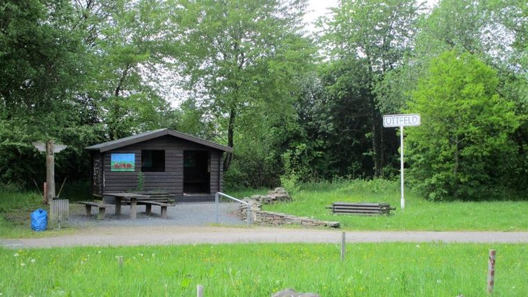 A small wooden structure amidst trees. In the foreground, there is a meadow with stone blocks and a bench.