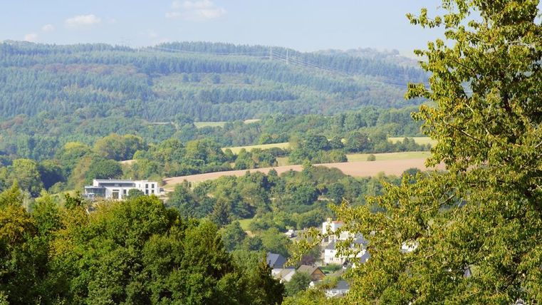 Un paysage pittoresque avec des collines douces et une verdure luxuriante. Au premier plan, on peut voir des arbres, tandis qu'à l'arrière-plan, une belle vallée s'étend.