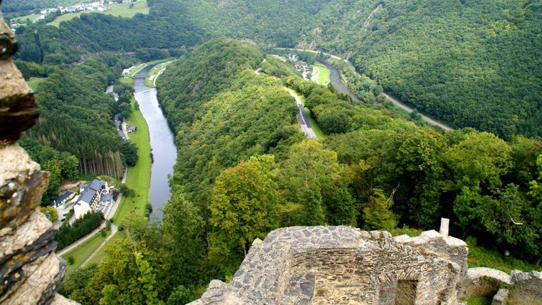Un paysage pittoresque avec des forêts verdoyantes et une rivière sinueuse. Au premier plan, on voit des ruines qui offrent une belle vue.