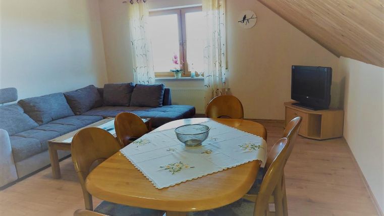 Ein helles Wohnzimmer mit einem gemütlichen Sofa und einem Essbereich. Am Fenster stehen Vorhänge, und ein Fernseher ist ebenfalls vorhanden.