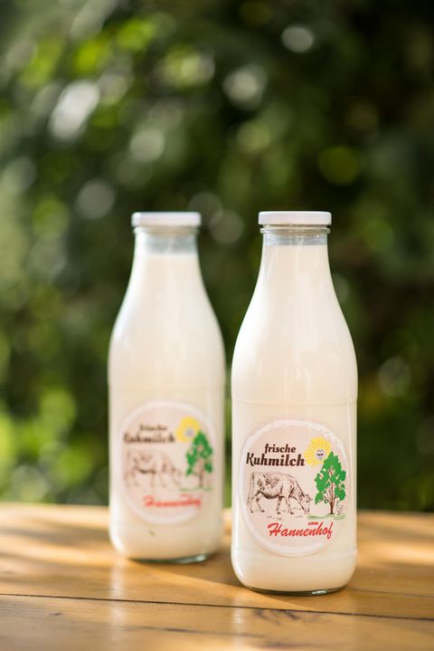 Two glass bottles of fresh milk are standing on a wooden tray. In the background, natural green elements can be seen.