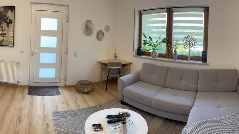 Un salon moderne avec un canapé gris et une télé. De grandes fenêtres offrent beaucoup de lumière naturelle et une vue sur le jardin.