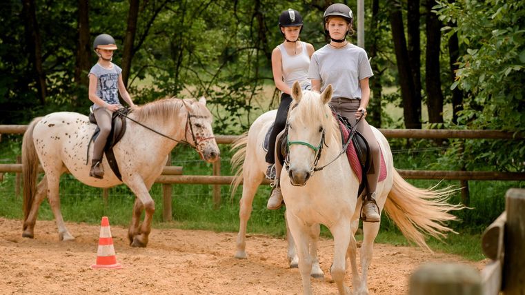 Drie amazones oefenen op hun paarden in een paardenstal. Op de achtergrond zijn groene bomen te zien.
