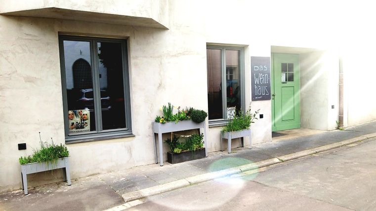 Un bâtiment moderne avec deux fenêtres et une porte verte. Devant la maison, il y a des jardinières avec des plantes.