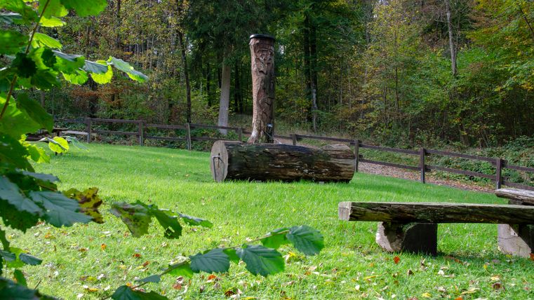 Holzskulptur und Bank auf einer Wiese im Wald.