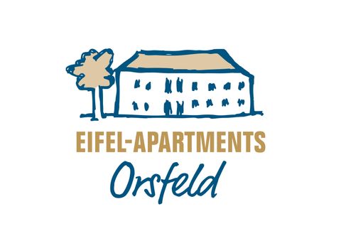 Ein einfaches Logo der Eifel-Apartments in Orsfeld. Es zeigt ein stilisiertes Gebäude mit einem Baum daneben.