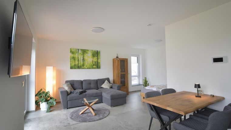 Een moderne woonkamer met een grijze bank en een houten tafel. Een plant en een schilderij met bosmotieven zorgen voor een gezellige sfeer.