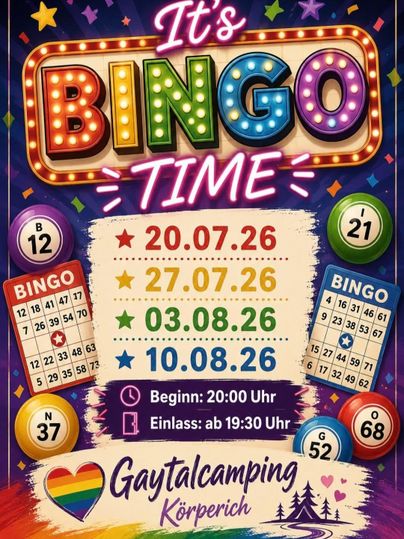 Ein buntes Plakat für ein Bingo-Spiel. Es enthält das Datum und die Uhrzeiten für die Veranstaltung in der Gaytalthalle Camping Körperich.