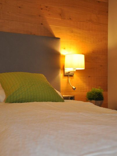 Une chambre confortable avec une tête de lit et une couverture verte. Un lampadaire est accroché au mur et une petite plante est posée sur la table de nuit.