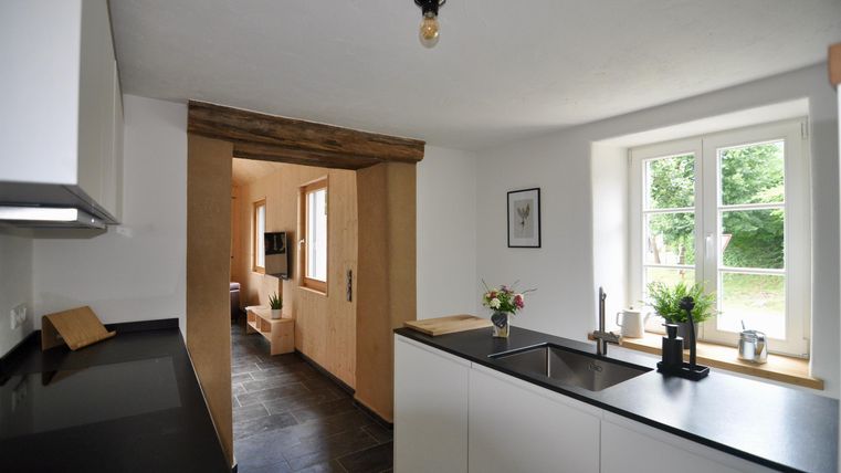 Eine moderne Küche mit einer schwarzen Arbeitsfläche und weißen Schränken. Im Hintergrund sind Fenster mit Blick ins Freie und ein gemütlicher Wohnbereich zu sehen.