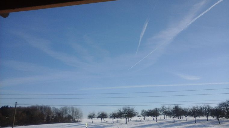 Een heldere blauwe lucht boven een besneeuwd landschap. Op de achtergrond zijn meerdere bomen te zien.
