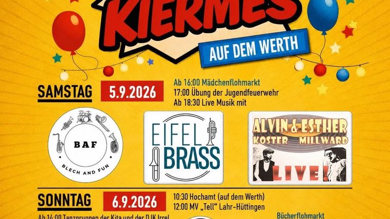 Ein buntes Plakat für das Eardeler Dorffest mit Veranstaltungsdaten. Im Hintergrund sind Palmen und ein schöner Sonnenuntergang zu sehen.