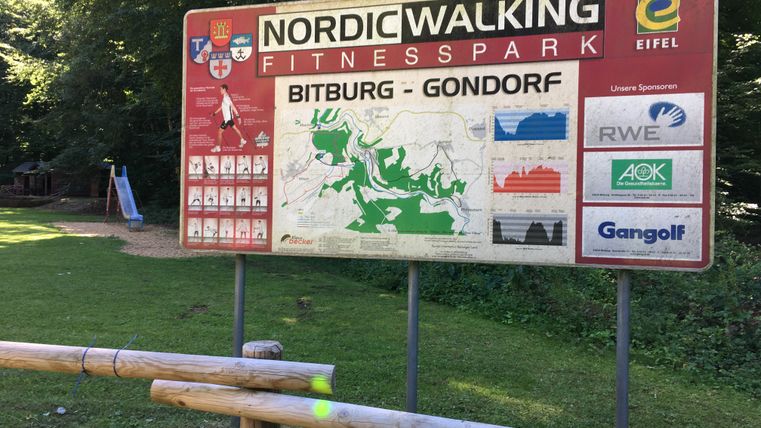 Schild des Nordic Walking Fitnessparks Bitburg-Gondorf mit Streckenkarte und Sponsorenlogos.