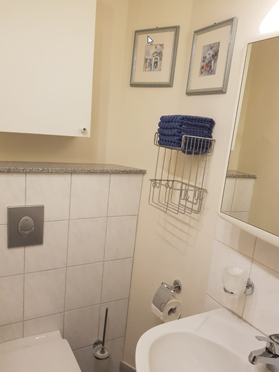 Een kleine badkamer met witte tegels en een wastafel. Aan de muur hangen twee schilderijen en een rek met handdoeken.