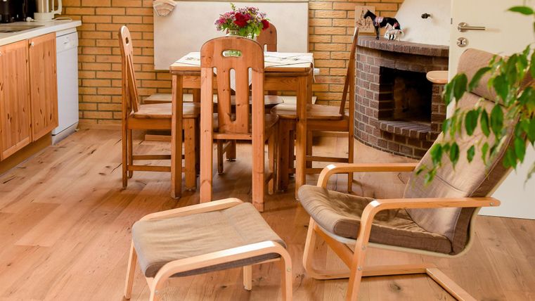 Een gezellige eetruimte met een houten tafel en stoelen. Op de achtergrond staat een open haard en een plant zorgt voor een aangename sfeer.