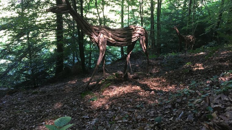 Eine Skulptur eines Giraffen ähnlichen Tieres aus Holz steht im Wald. Das Licht fällt sanft durch die Bäume auf den Waldboden.