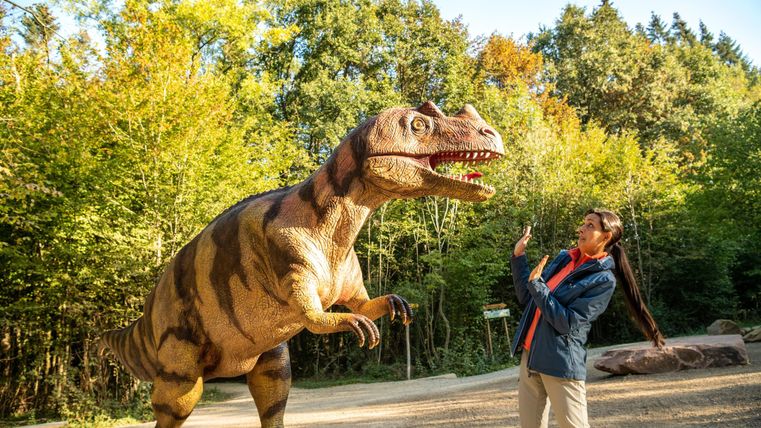 Een persoon staat voor een groot dinosaurussenmodel in het bos. De zon schijnt en de omgeving is groen en natuurlijk.