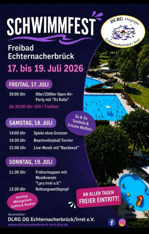 Ein Plakat für das Schwimmfest im Freibad Echternacherbrück vom 18. bis 20. Juli 2025. Es enthält Informationen über verschiedene Veranstaltungen wie Partys, Wasserparcours und Live-Musik.