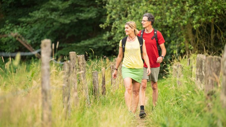 Ein Paar wandert auf einem schmalen Pfad durch eine grüne, bewaldete Landschaft.