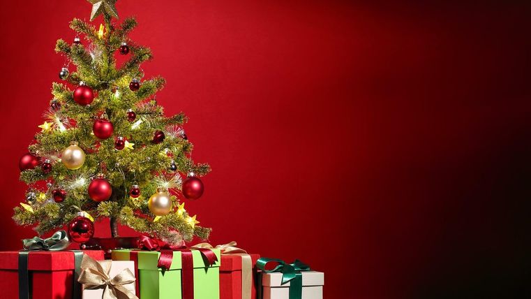 Ein festlich geschmückter Weihnachtsbaum steht vor einer roten Wand. Darunter befinden sich viele liebevoll verpackte Geschenke in verschiedenen Farben.