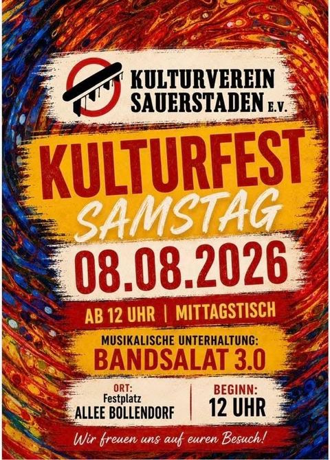 Ein farbenfrohes Plakat für ein Kulturfest mit verschiedenen Veranstaltungen. Die Daten und Aktivitäten sind klar aufgeführt, darunter Rockmusik und ein Mittagstisch.