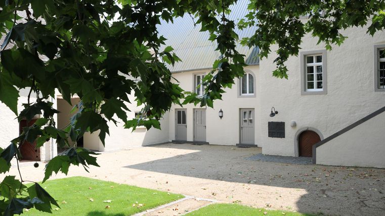 Ein ruhiger Innenhof mit weißen Gebäuden und einem grünen Rasen. Über dem Hof wachsen Blätter von nahegelegenen Bäumen.