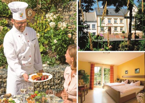 Un chef sert un plat délicieux dans le jardin. En arrière-plan, on aperçoit un bel hôtel et une chambre moderne et accueillante.