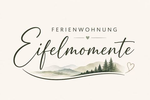 Ein stilvolles Logo für eine Ferienwohnung namens "Eifelmomente". Es zeigt eine malerische Landschaft mit Bergen und Weichzeichnung in sanften Farben.