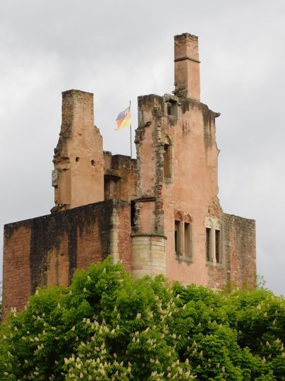 Une vieille forteresse partiellement en ruine se dresse au milieu des arbres verts. Un drapeau flotte au vent sur la tour.