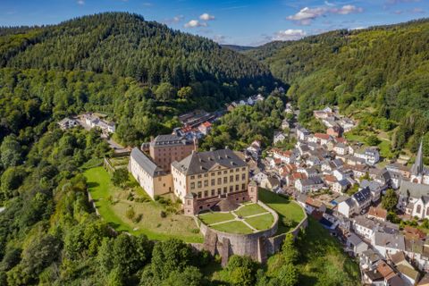 Eine beeindruckende Burg umgeben von grünen Wäldern und einem kleinen Dorf. Der Himmel ist klar und die Landschaft ist malerisch.