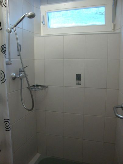 Een heldere douche met witte tegels en een raam. De douche bevat een handdouche en een douchegordijn.