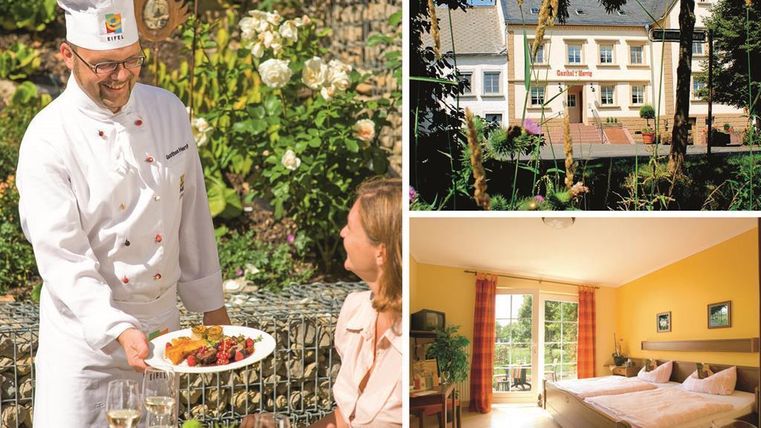 Ein Koch serviert ein köstliches Gericht im Garten. Im Hintergrund sieht man ein schönes Hotel und ein modernes, einladendes Zimmer.