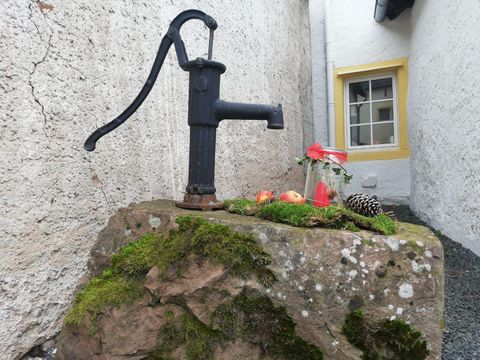 Eine altmodische Wasserpumpe steht auf einem moosbedeckten Stein. Daneben liegen einige Äpfel und eine Tannenzapfen.