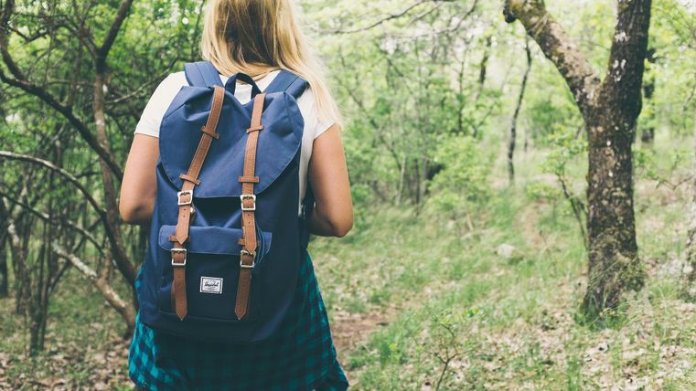 Eine Person mit einem blauen Rucksack geht einen Waldweg entlang. Die Umgebung ist grün und natürlich.