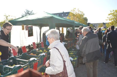 Ein lebhafter Wochenmarkt mit vielen Menschen, die frische Lebensmittel kaufen. Im Hintergrund stehen grüne Verkaufsstände und ein Sonnenschirm.