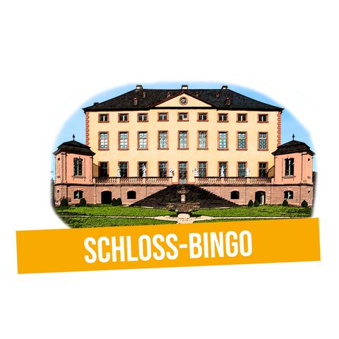 Een indrukwekkend kasteel met een grote trap en symmetrische torens. Op de voorgrond staat de tekst "SCHLOSS-BINGO".