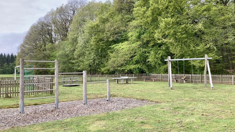 Ein Spielplatz mit zwei Schaukeln und einem Klettergerüst in einer grünen Wiese. Im Hintergrund sind Bäume und ein Zaun sichtbar.