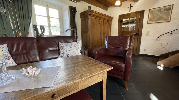 Une salle de séjour confortable avec une table en bois, un canapé en cuir rouge et un fauteuil. De grandes fenêtres et une étagère en bois créent une ambiance accueillante.