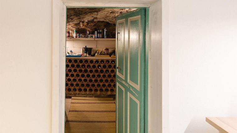 Ein heller Raum mit einer grünen Tür, die in einen Weinkeller führt. Im Hintergrund sind Holzregale und eine rustikale Atmosphäre zu erkennen.