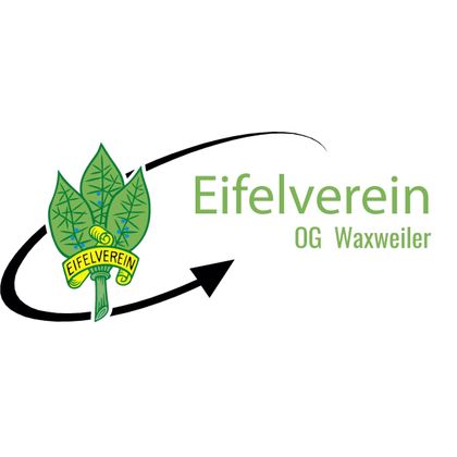 Logo des Eifelvereins OG Waxweiler mit stilisierten Blättern und einem schwarzen Pfeil. Der Vereinsname ist in grüner Schrift dargestellt.